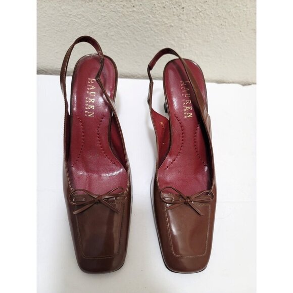 Ralph Lauren Brown Leather Slingback Pump Heels With Bow Detail Size 5.5B - Picture 1 of 10